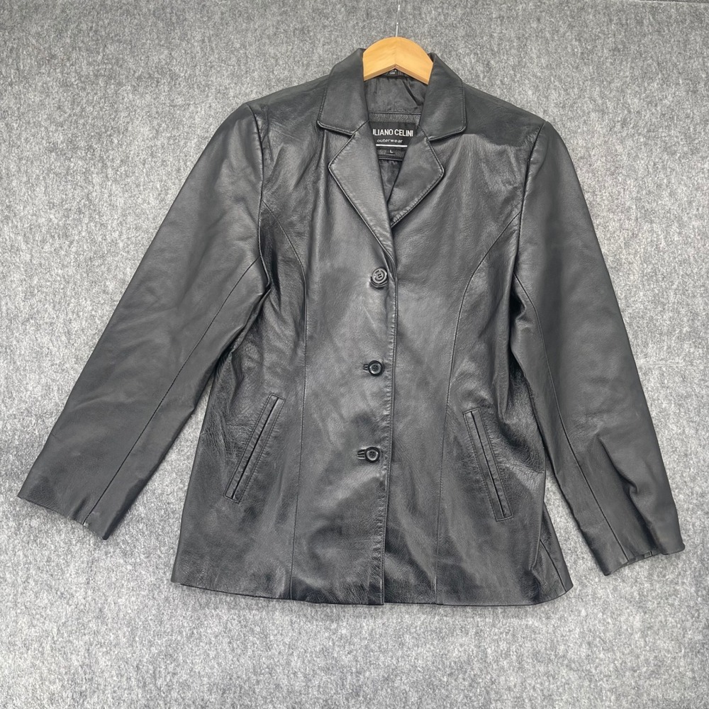 Juliano Celini Blazer Jacket Womens Large Black Leather Button Coat